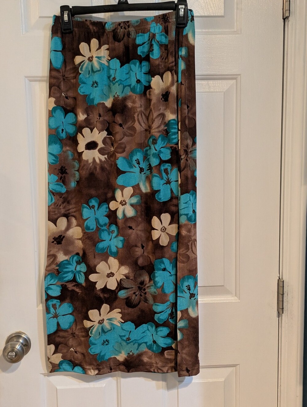 Notations Brown Maxi Skirt with Turquoise and Cream Floral Pattern